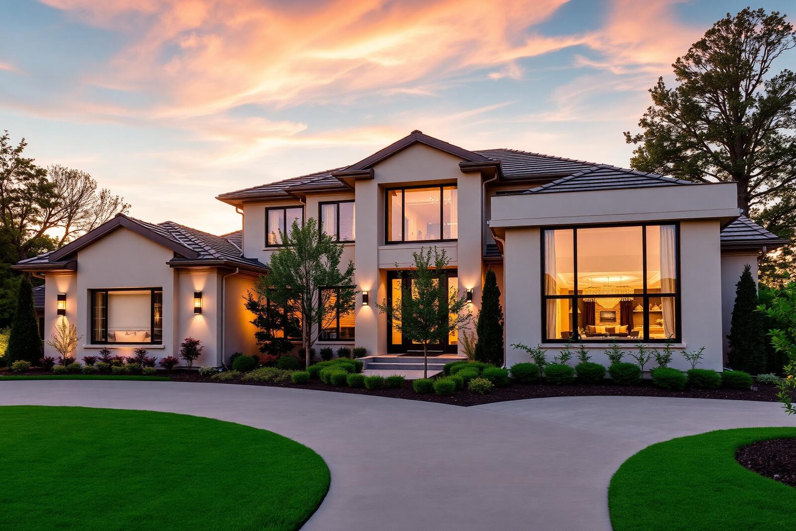 Modern luxury home exterior at sunset