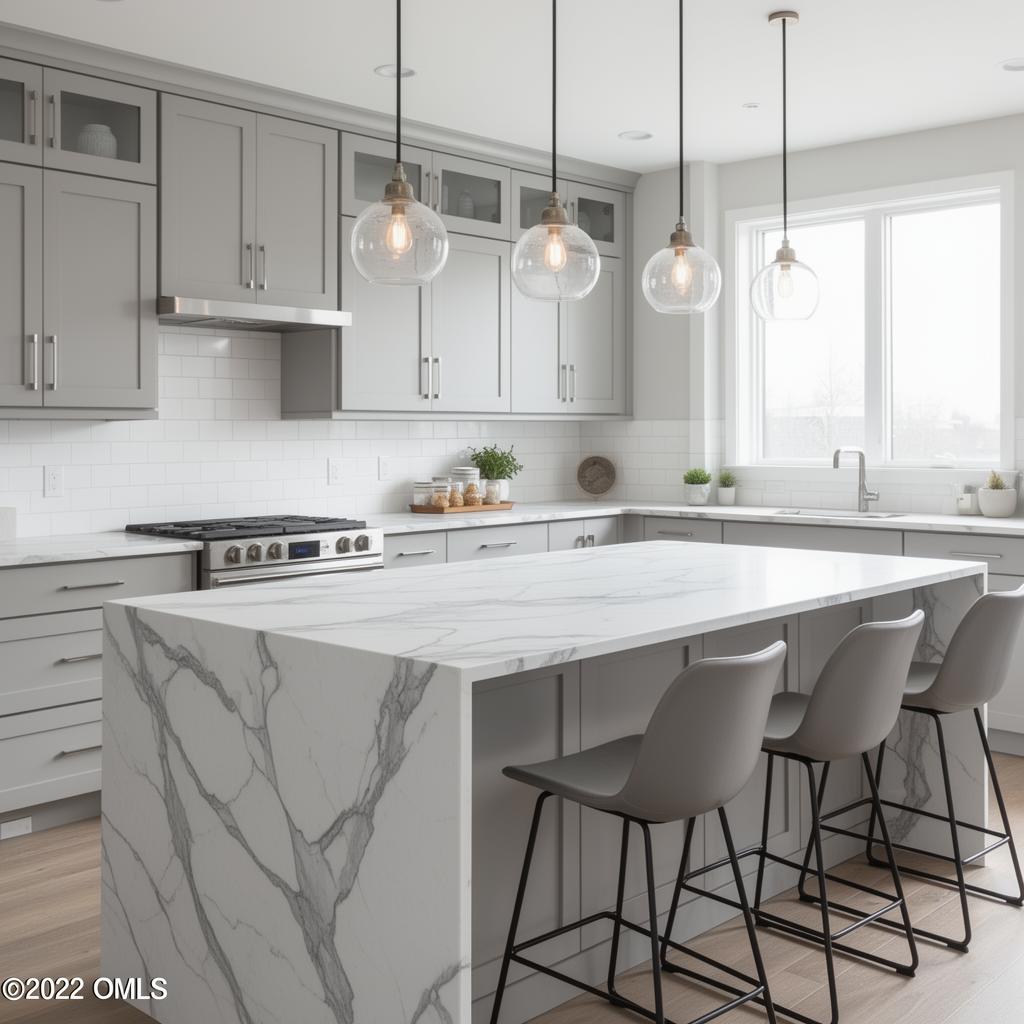 Calacatta Formica Island — Formica Laminate • Light Gray Cabinets