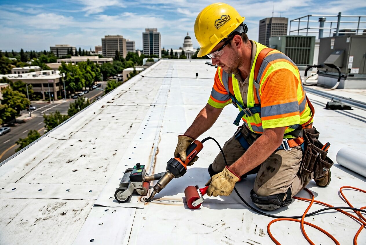 Certified commercial roofer hot-air welding white TPO membrane seams on a Sacramento California rooftop with the State Capitol visible in the background